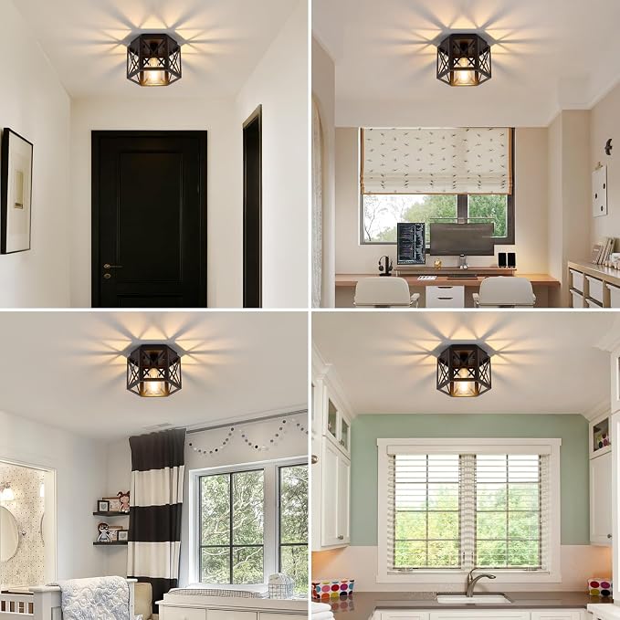 XSDeTu 2 Pack Flush Mount Ceiling Light, 1-Light Black Light Fixtures Ceiling Mount, Small Flush Mount Lamp with Hexagonal Metal Cage, Farmhouse Chandeliers for Hallway Kitchen Sink Entryway Foyer