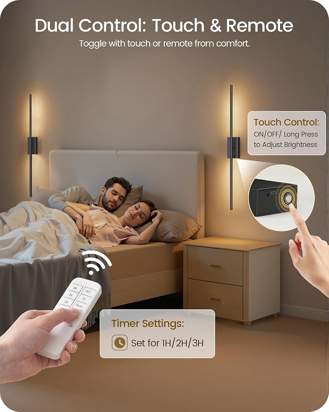 34.6" Wireless Battery Operated Wall Sconces Set of Two,Rechargeable Lamp with Remote, 360° Rotation, 10000mAh Battery, Touch Dimmable Lights for Living Room Hallway Bedroom, Black B05YBP205