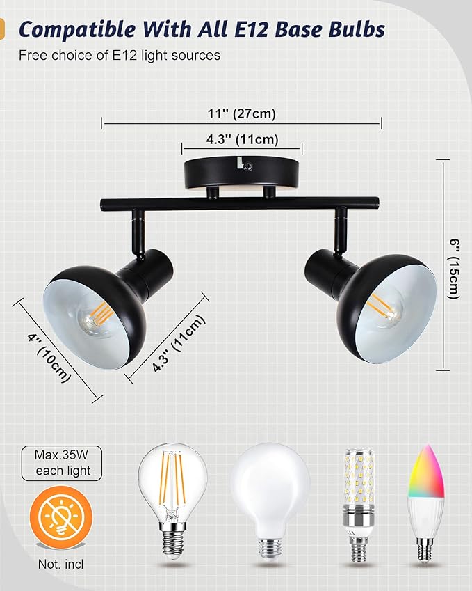 HiBay 2-Light Track Lighting, Modern Directional Ceiling Light Fixture Black, Ceiling Track Spotlight Indoor for Bedroom Kitchen Living Room, E12 Base (Bulbs Not Included)