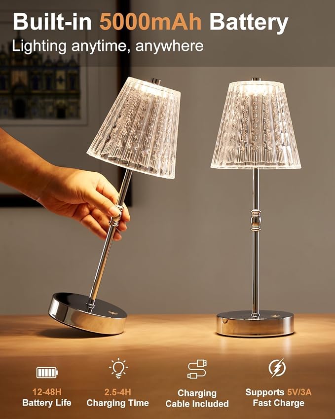 SAIWEYA Cordless Table Lamp Battery Operated Touch Dimming Crystal Lamp | 3 Colors Modes, Rechargeable LED Desk Lamp Night Light for Bedroom, Kitchen, Bar, Office