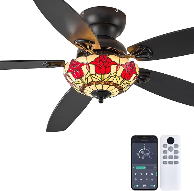 Tiffany Ceiling Fans with Lights-52"Ceiling Fan Chandelier and Glass Shade | 52" Ceiling Fan Chandelier with 5 Dual-Blades and Glass Shade, 6 Speeds and Reversible, Indoor and Outdoor, Retro Style