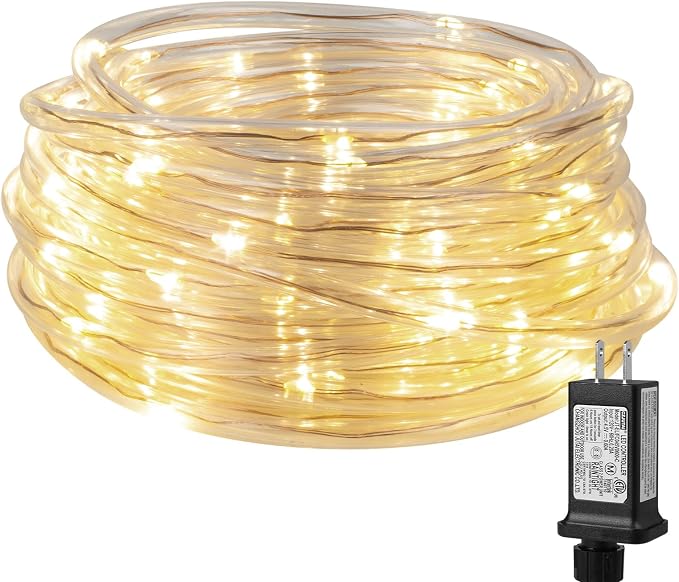 Lighting EVER 33ft Thin Rope Lights Outdoor Waterproof, 3000K Warm White | 1/4" Pencil-Thin Clear Tube, 100 LED Copper Wire Lights, Plug-in Outdoor Decor for Railing Fence Balcony, Not Connectable