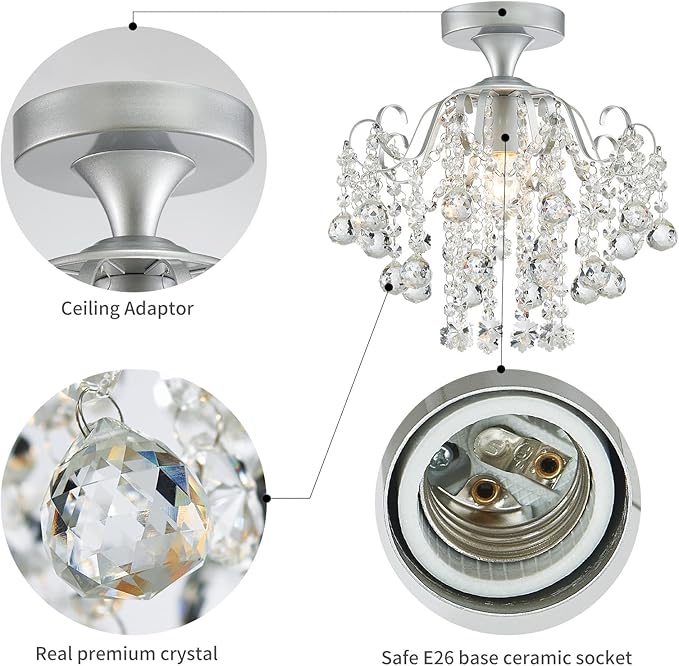 WUZUPS Crystal Chandelier Flushmount Ceiling Light Modern Lighting Fixture for Bedroom Hallway Bar Kitchen Bathroom, H 13.4" x W 12.6", E26 Base, Silver
