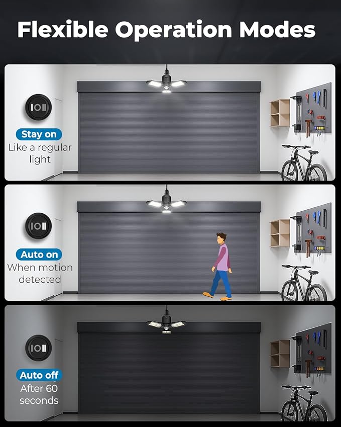 Motion Sensor Garage Lights 4 Pack, 8000LM Motion Sensor Shop Light w/ 3 Switch Modes, 6500K Indoor Motion Activated Light Bulb for Garage, Workshop, Utility Room, Basement