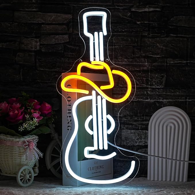 Guitar Neon Signs for Wall Decor Cowboy Hat Neon Lights Music LED Neon Signs White Neon Light Sign for Studio KTV Band Bar Art Man Cave Bedroom Shop Wall Decoration(16.9"*7.4")
