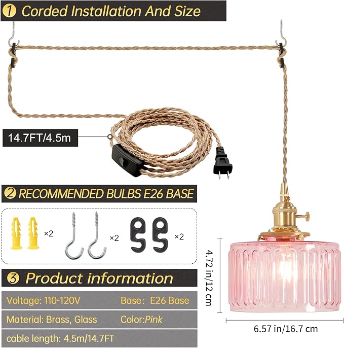 Shenmoyl Plug in Pendant Light Hanging Light Fixtures with Plugin Cord On/Off Switch,Pink Striped Glass Lampshade Brass Pendant Light