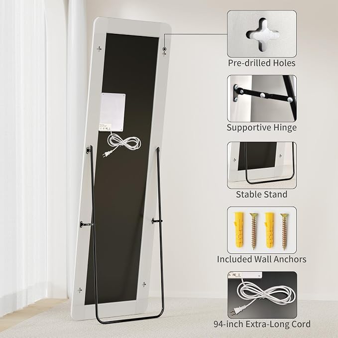 Koonmi Full Length Mirror with LED Lights, 65"x24" Lighted Mirror with Dimming & 3 Color Lighting, Big Mirror for Bedroom, Dressing Room, Rectangle,White