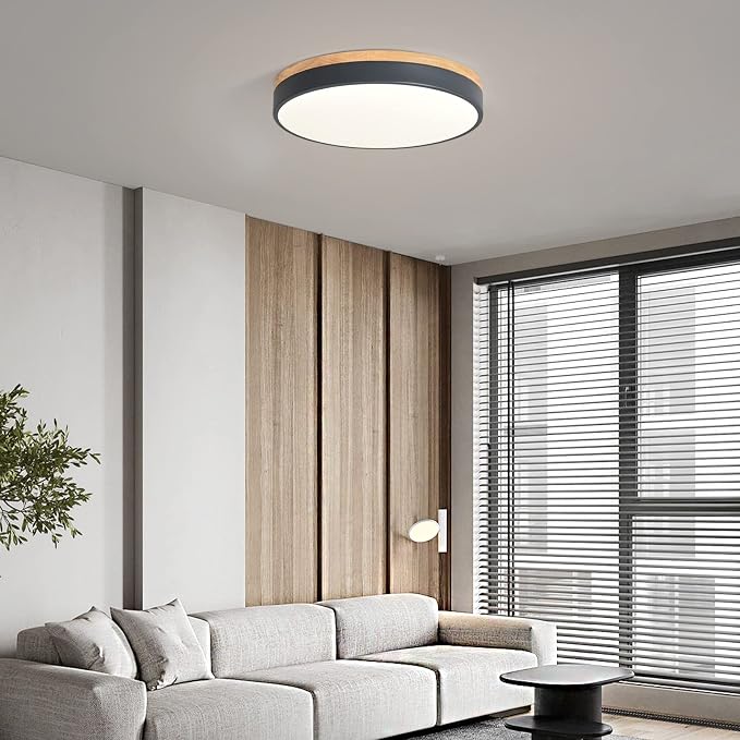 Yiisem Dimmable Wood LED Flush Mount Ceiling Light, Grey, 15.8 in | 5CCT 2700K-6000K Modern Close to Ceiling Lighting Fixtures, Round Ceiling Lamp for Living Room, Bedroom, Laundry Room