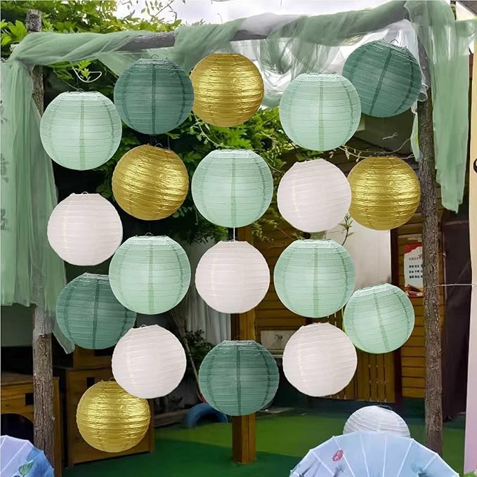 Sage Green Gold White Forest Green Paper Lanterns 12Pcs Hanging Round Paper Lanterns Decorative for Graduation Baby Shower Wedding Birthday Family Parties ﻿