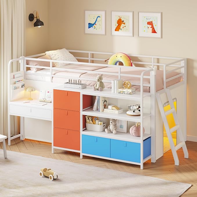 Low Loft Bed Twin Size with Desk, 6 Storage Drawers & Bookshelf, Kids Loft Bed with LED Lights & Under-Bed Play Space, Heavy Duty Metal Frame with 13.8"H Safety Guardrail & Ladder, White & Multicolor