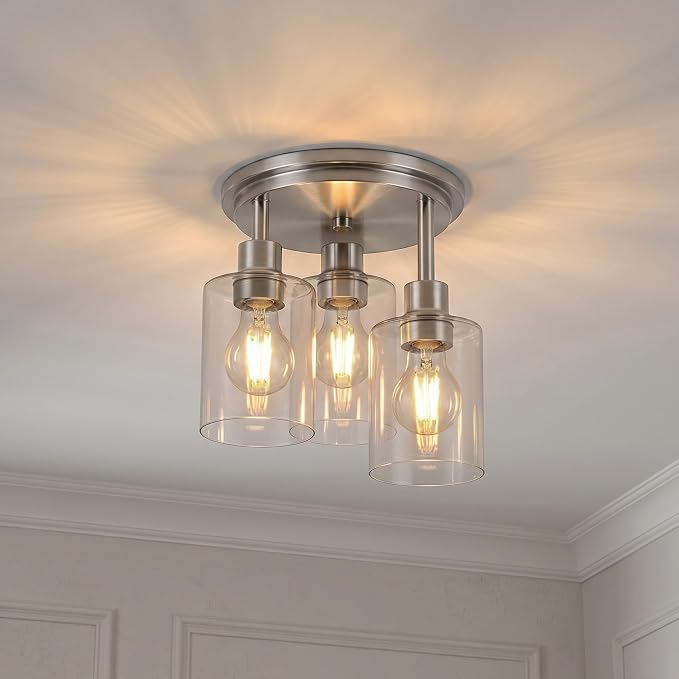 Semi Flush Mount Ceiling Light, 3 Light Close to Ceiling Light Fixtures, Brushed Nickel Finish Kitchen Light Fixtures with Clear Glass Shades, Modern Hallway Light Fixtures Ceiling Mount, 8.8"X11"