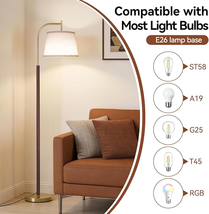 SUNMORY Wood Floor Lamp for Living Room, Mid Century Modern Standing Lamps | 3 Color Temperatures LED Bulb, Arc Floor Lamp with Adjustable Lampshade, Tall Reading Lamp for Bedroom, Corner, Office