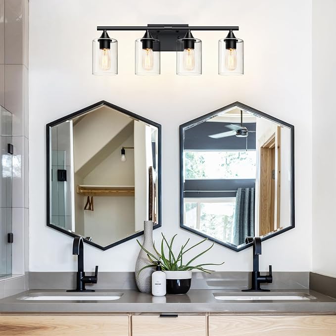 4-Light Bathroom Light Fixtures,Black Bathroom Vanity Light,Bathroom Lights Over Mirror with Clear Glass Shade,Modern Sconce Wall Lighting for Mirror Bedroom Vanity Hallway