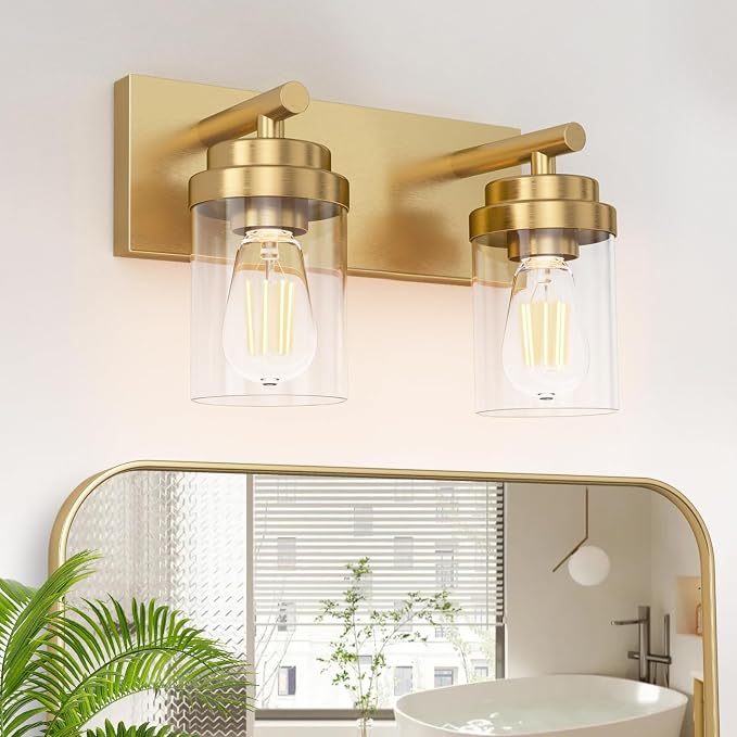 IZORRO Bathroom Vanity Light Fixture, 2-Light 15 Inch Gold Bathroom Light Fixtures Over Mirror, with Clear Glass Shade, Modern Farmhouse Vanity Lights, Rustic Restroom Lighting Fixtures