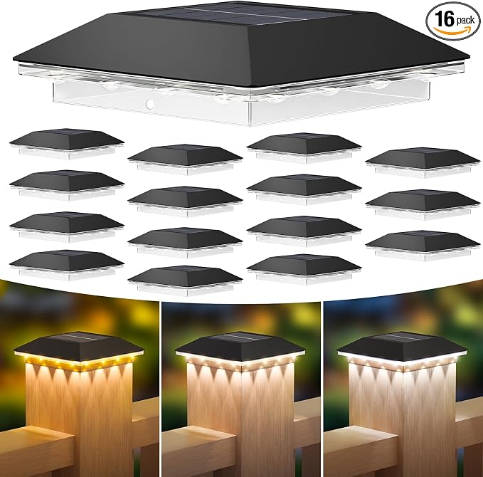 16 Pack 4x4 Solar Post Light, 3 Mode Wooden Vinyl Fence Cap, Black | 3 color temperatures, Waterproof LED Solar Post Lights, Patio Porch Decor, Only Fit Two True Size Post: 3.5''x3.5'', 4''x4''