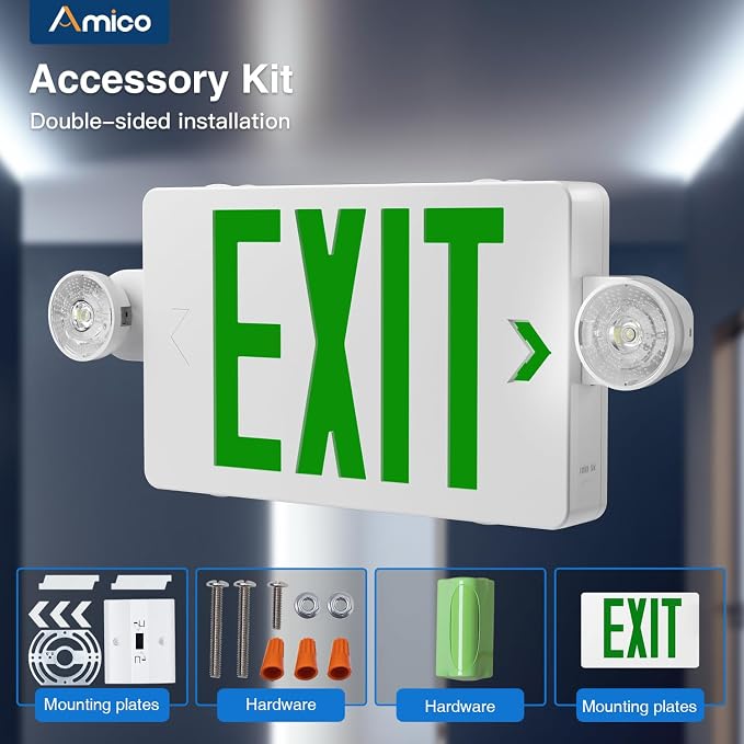 Amico 12 Pack Green Exit Sign with Multi-Angle LED Emergency Lights | ETL Listed, Wall & Ceiling Dual Mount, Hard Wired 120/277V AC, 90 Min Backup, 94V-0 Fire Resistant Plastic Housing