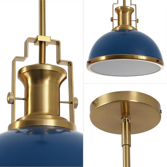JONATHAN Y Homer Industrial Dome Pendant 13", Navy/Brass Gold | 1-Light, Farmhouse Style, Adjustable Hanging Height, Glass Diffuser, Sloped Ceiling Compatible, Metal, LED Bulb Included