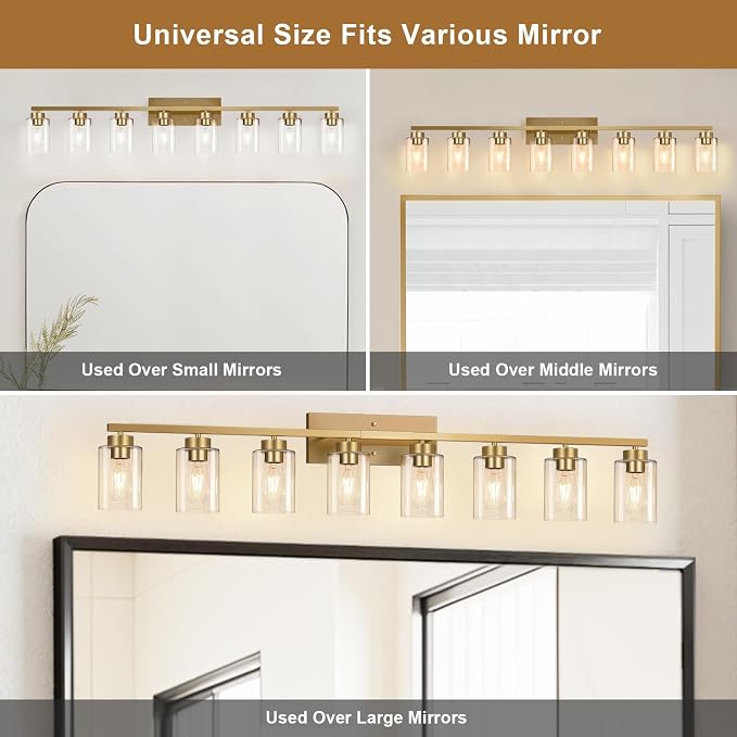 IZORRO Modern Bathroom Light Fixtures, 8 Light Gold Vanity Lights, Bathroom Lighting Fixtures Over Mirror with Clear Glass for Living Room Cabinet Bedroom