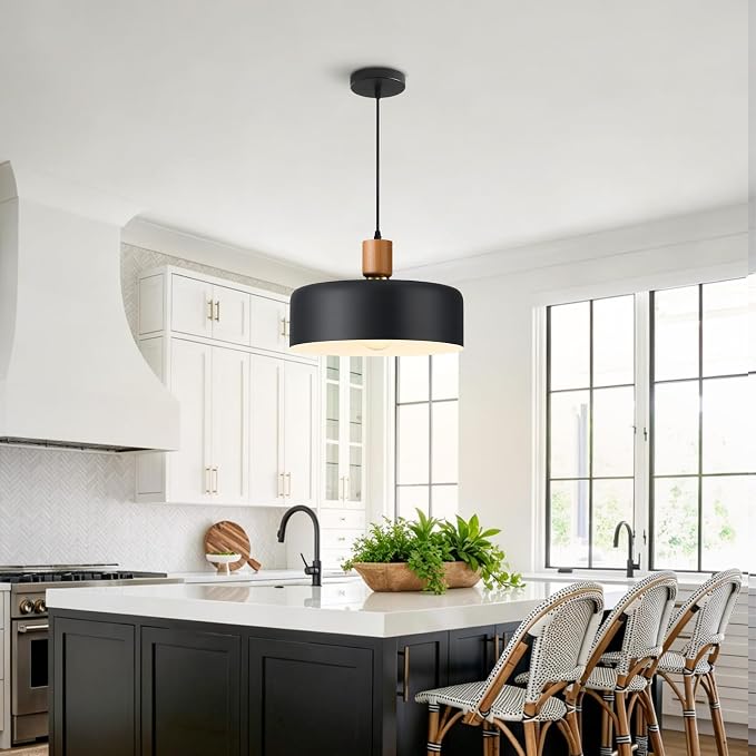 13.8" Black Pendant Light, Walnut Oak Wood & Brass Metal Drum Shade | Walnut Oak Wood & Brass Metal Drum Shade Pendant Light