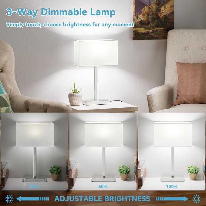 Hong-in Touch Lamps for Bedroom - 3-Way Dimmable Bedside Lamps Set of 2 with USB C+A, White Modern Table Lamp for Night Stands, Desk Lamp for Living Room Nightstand End Tables Bed Side
