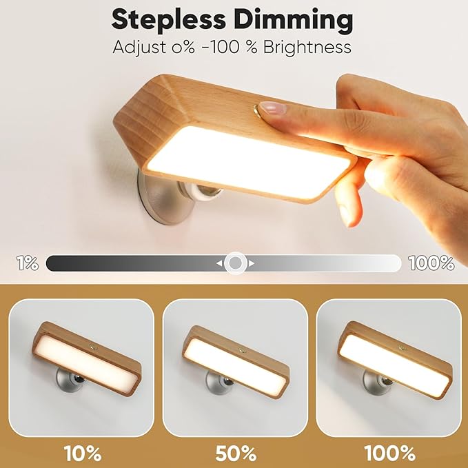 Battery Operated Wall Sconces Set of Two, Rechargeable Wall Lights Battery Operated, Wood Stick On Wall Mounted lamp Bedside Reading for Bedroom, Stepless Dimmable Wall Lamps for Living Room