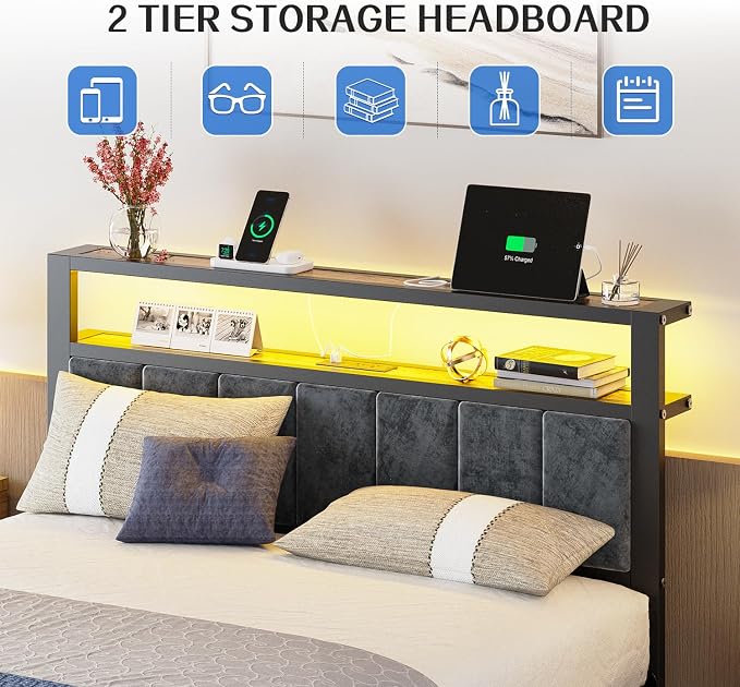 Liians Full Size Bed Frame with LED Lights, Charging Station | Platform Bed with Grey Upholstered Headboard, 2-Tier Storage Shelf, Noise Free, No Box Spring Needed