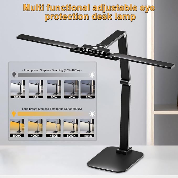 24W LED Desk Lamp with 2-in-1 Weighted Base & Clamp, 26.8" Dual Monitor Light Bar, Remote, Eye-Caring Red Light Beads, Stepless Dimming, Adjustable Architect Swing Arm for Home Office, Black | Weighted base option, remote control, eye-caring red beads,...