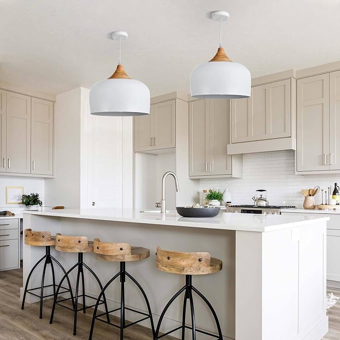 Modern Solid Wood Pendant Light,Ceiling Hanging Lamp with Dome Metal Shade,Adjustable Light Fixture for Kitchen Island,Dining Room- White