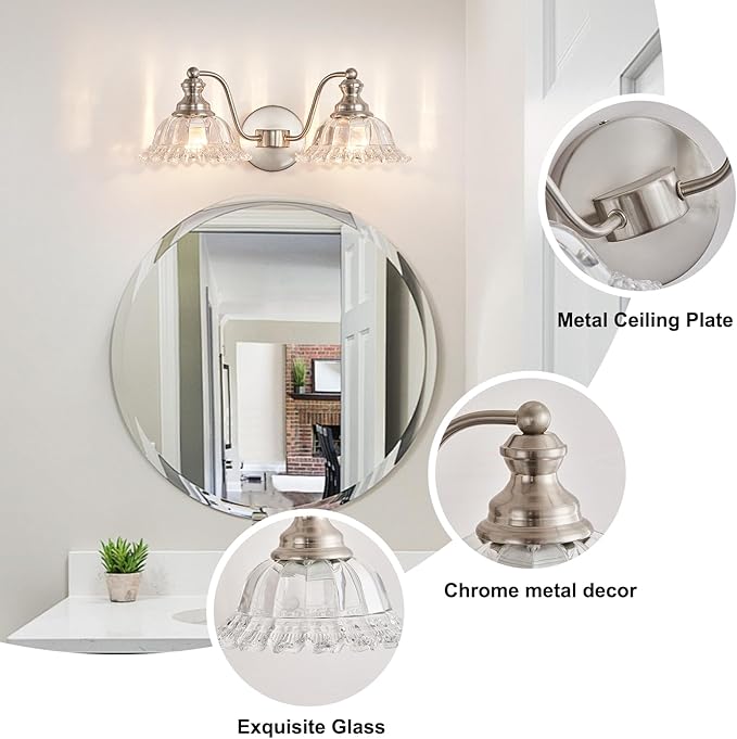 Brushed Nickel 2 Light Vanity Lights Fixture Lights for Bathroom