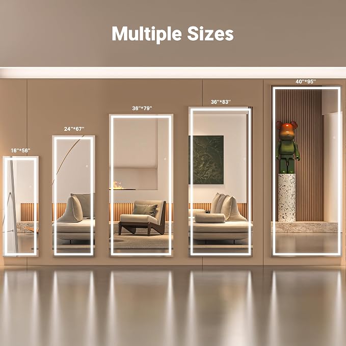 67" x 24" Full Length Mirror with Lights, LED Lighted Floor Standing Body Mirror, Dimmable & 3 Color Lighting for Bedroom, Cloakroom, Dressing Room, Tempered Glass, Black Frame