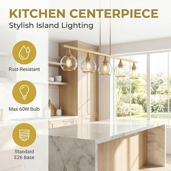 Kitchen Island Linear Pendant Light, 5-Light Gold Dining Room Chandelier with Clear Glass Globe Shades, Modern Linear Lighting Fixture Over Table