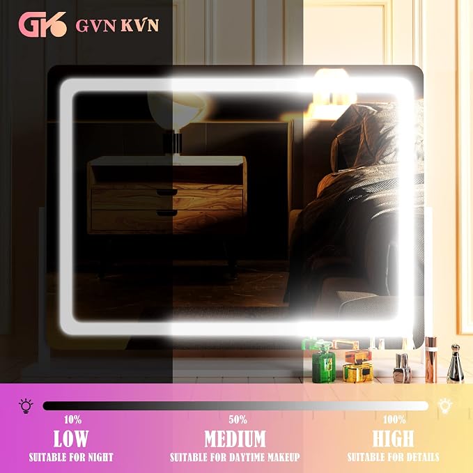 Gvnkvn Vanity Mirror with Lights, 28" x 22" LED Makeup Mirror, Lighted Makeup Mirror with 10X Magnification,Dimmable 3 Modes, Touch Screen Control Vanity Mirror Round Gold
