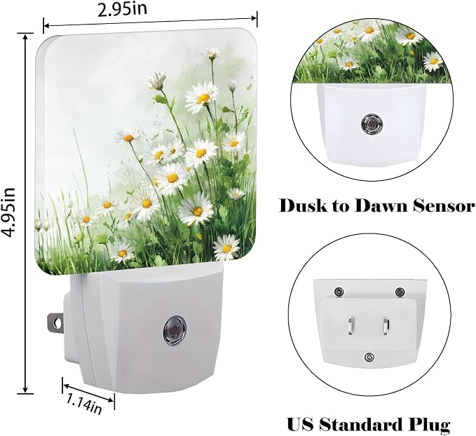 Flowers Night Light，Daisies Watercolor Plug Into Wall for Boys Girls Bedroom Decorative Square Night Light Lamp 0.5w Sleep Friendly
