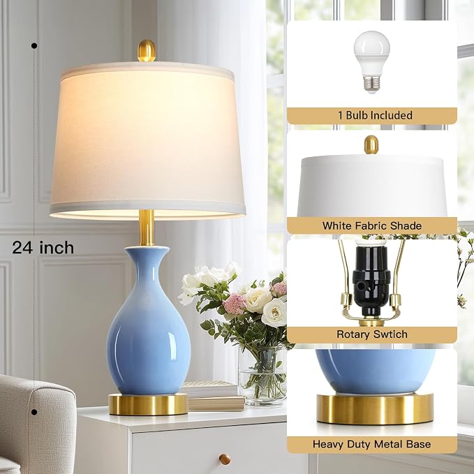 24″ Light Blue Ceramic Table Lamp for Living Room, Modern Classic Bedside Lamp for Nightstand, Small Table Lamp for Bedroom End Table (1 Pack)