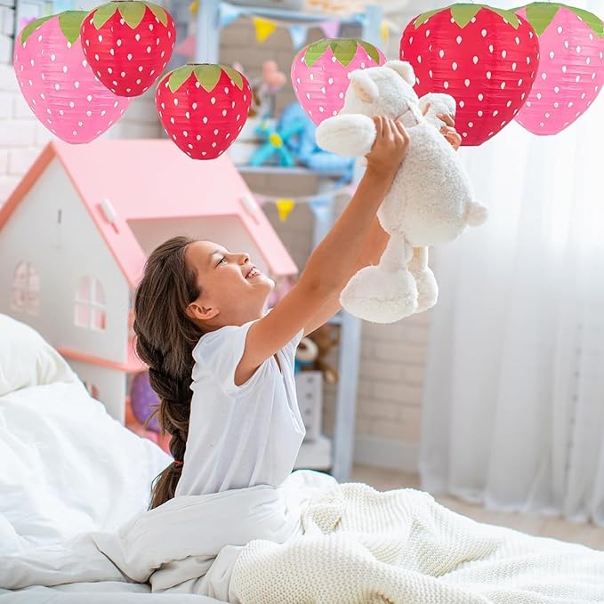Strawberry Paper Lanterns, 8" & 12" Large Strawberry Hanging Lantern, Strawberry Hanging Decorations for Fruit Theme Birthday Party Decor(8 Pcs, Red&Pink)