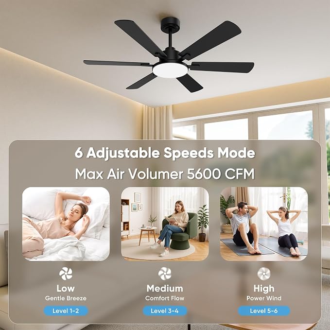 52'' Ceiling Fans with Lights and Remote Control for Living Room | 6 Blades, 6 Speeds, MAX 5600 CFM, Remote&APP Control, 3CCT Dimmable LED, All Metal Body, Memory Function, Reversible DC Motor