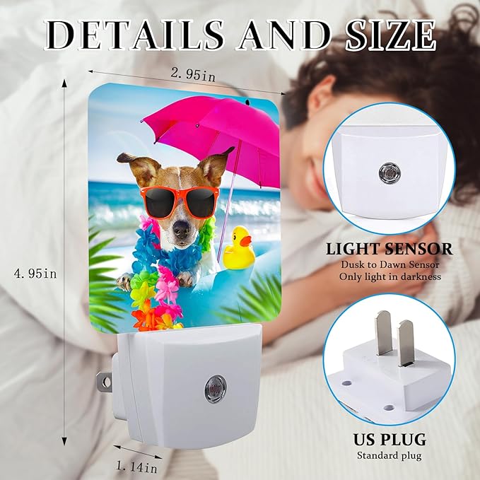 Cute Beach Dog Night Light, Plug-into Wall Nightlight Lamp with Dusk to Dawn Sensor, Led Lamp 0.5W Energy Efficient for Boys Girls Adults Home Decor