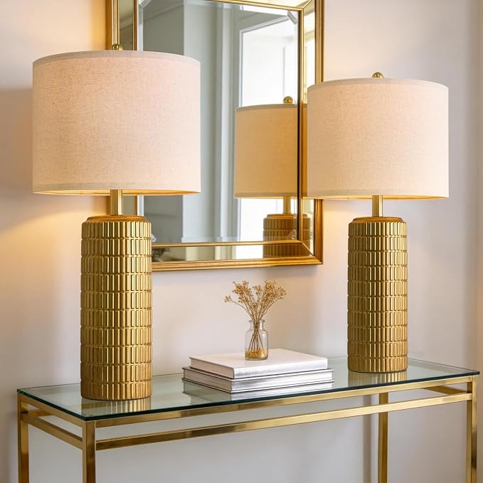 PoKat 27.5'' Tall Brass Gold Table Lamps Set of 2 for Living Room, Modern Table Lamps for Bedroom Night Stands, Retro Ceramic Bedside Lamps, Nightstand Lamps for Sideboard Side End Table, Gold
