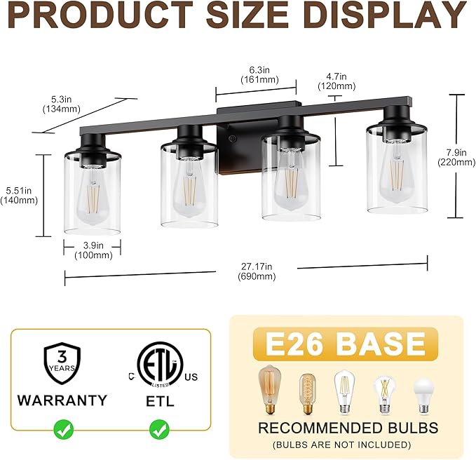 L LOHAS LED 4-Light Bathroom Vanity Lights Over Mirror, 27 Inch Black Bathroom Light Fixtures with Clear Glass Shade, Modern Vanity Lights for Living Room Hallway Bedroom