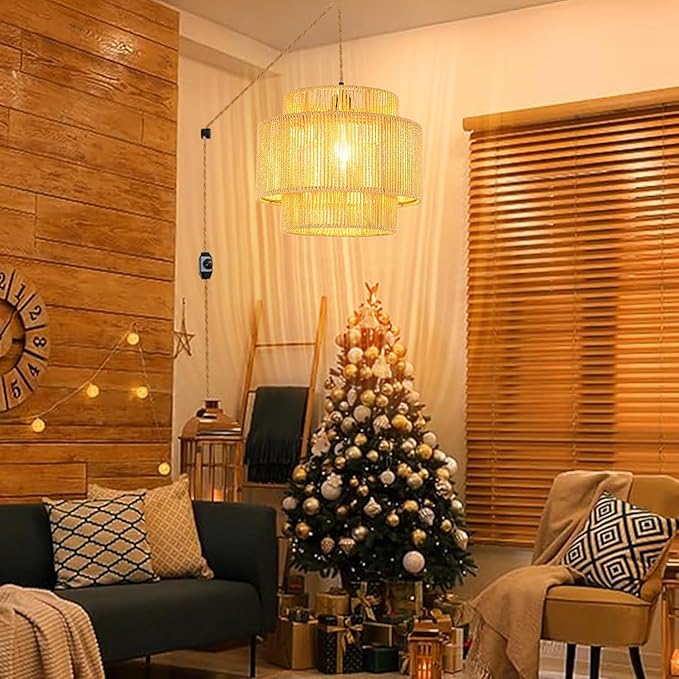 Plug in Pendant Light Hanging Lights with Plug in Cord Boho Hanging Lamp Dimmable,Rattan Wicker Woven Bamboo Lamp Shade, Plug in Ceiling Light Fixture for Living Room Bedroom Kitchen