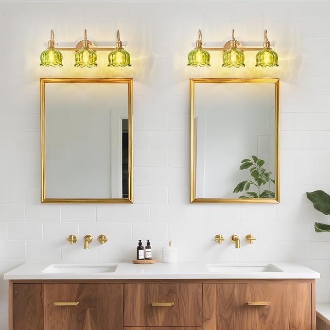 Bathroom Light Fixtures Over Mirror,3-Light Brushed Gold Vanity Lights with Green Tulip Glass Shades,Vanity Lighting Fixtures for Bathroom Bedroom Kitchen Living Room Hallway