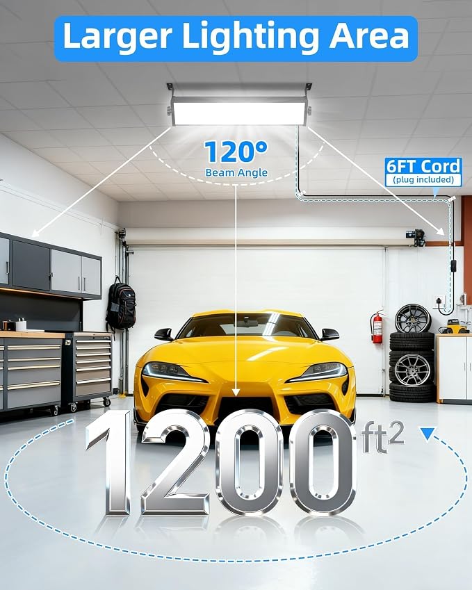 2 Pack 100W LED Shop Light, 12000LM 5000K Daylight | 6FT Cord & On/Off Switch, IP40, 180° Adjustable, Plug in Work Light, For Workbench Workshop Garage Warehouses Basement Yard