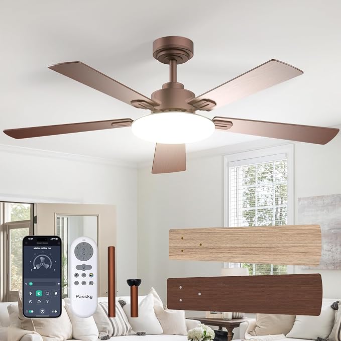 Passky 52 Inch Brown Sleek Ceiling Fans with Lights, Remote Control | 3-color dimmable light, quiet reversible DC motor, easy install, memory, Timer, APP, bedroom, covered outdoor areas