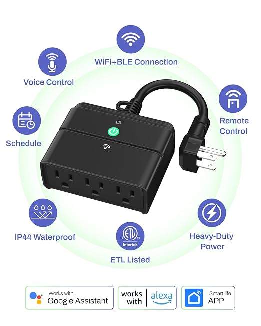 BN-LINK Outdoor Smart Wi-Fi Plug,Heavy Duty 3 Grounded Outlet Timer,2.4GHz | IP44 Weatherproof for Garden & Patio, Works with Alexa & Google Assistant, Voice & Remote Control, Schedule & Countdown