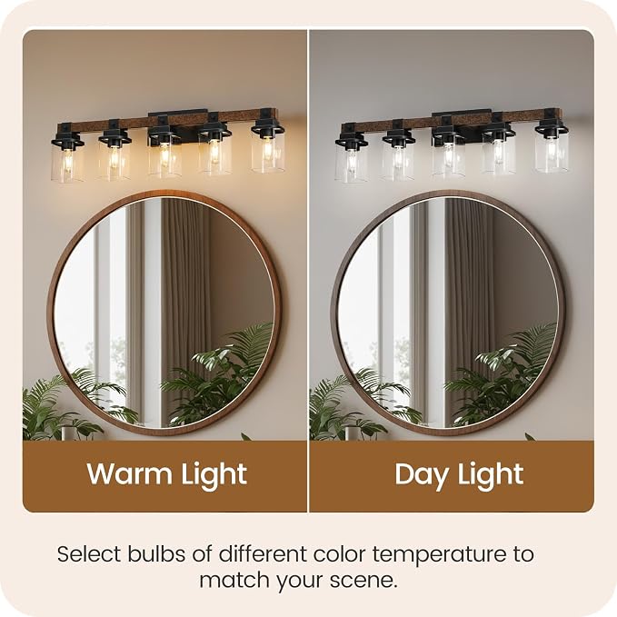 5-Light Bathroom Light Fixtures, Farmhouse Vanity Lights for Bathroom with Glass Square Shade, Rustic Vanity Lights, Sconce Wall Light, E26 Base (Bulbs Not Included), ETL Listed FS10BD05