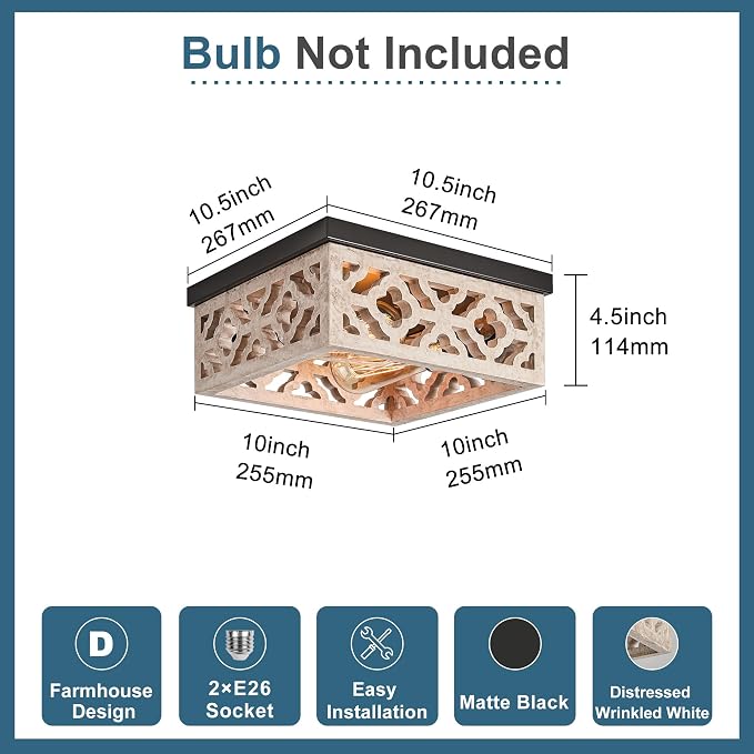 Tarentlight Farmhouse Flush Mount Ceiling Lights, Matte Black Metal & Distressed White MDF Vintage Close to Ceiling Light Fixtures for Kitchen Bedroom DiningRoom Hallway Entryway Foyer Closet Laundry