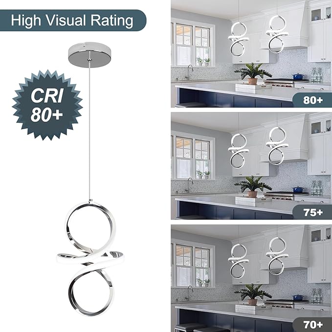 6000K Modern LED Pendant Lights, 24W LED Pendant Lights Kitchen Island Lighting, Chrome Adjustable Height Hanging Light Fixture for Kitchen Study Corridor Stairs Dining Room, 1 Pack