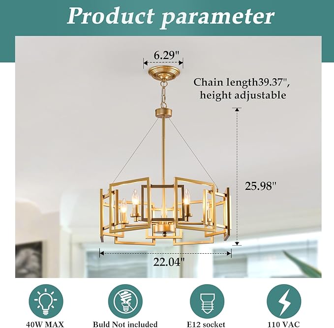 ZGLAOJT Modern Chandelier Gold Geometric Pendant Lighting Fixture 5-Light Metal Farmhouse Chandelier for Dining Room Living Room entryway Kitchen Bedroom Island