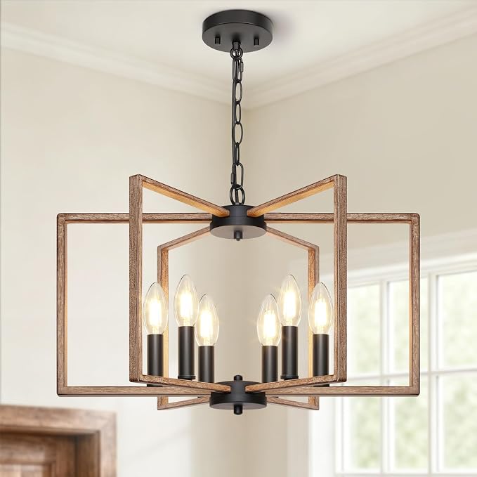 6 Light Rustic Chandelier, Dining Room Light Fixture, Brushed Rustic Wood | Metal Geometric Pendant Light with E12 base, Farmhouse Ceiling Hanging Light Fixture for Dining Room Kitchen Island Entryway