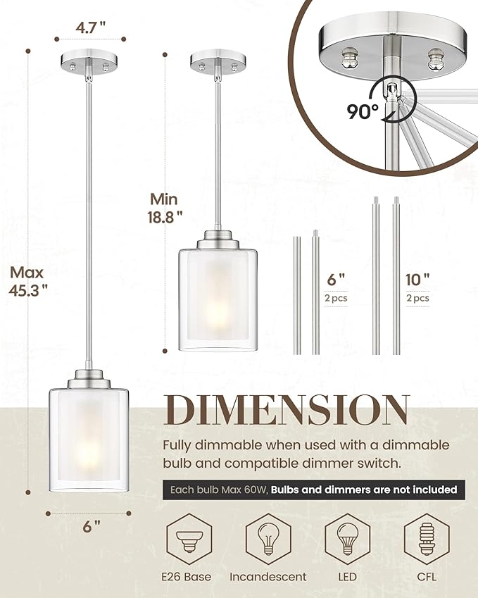 TENGXIN Modern Pendant Light,6-in Brushed Nickel Modern Pendant Light for Kitchen Island,Hanging Ceiling Light Fixture,Farmhouse Pendant Lighting for Dining Room Bedroom Office 2Pack,TXPLBN02-2PK-L
